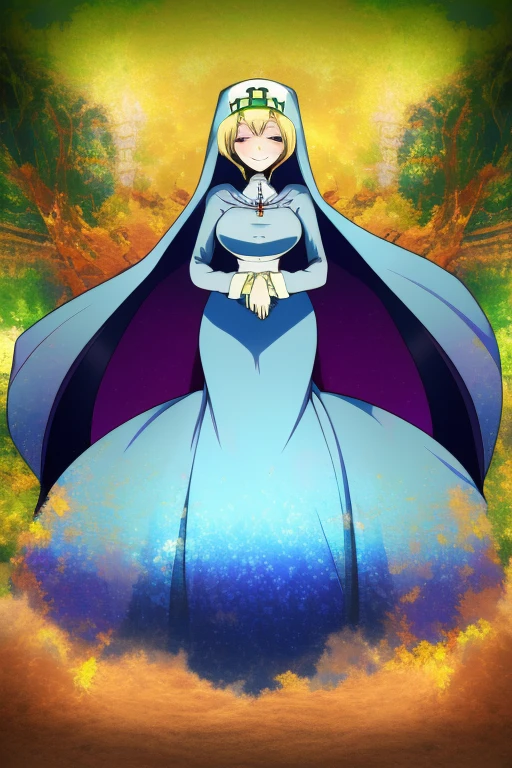 Double, short blonde hair, medium breasts, solo, smiling, cowboy shot, closed eyes,
blue habit, cross necklace ,white gloves, long sleeves, nun, long skirts, cloak, cape, full body view
(insanely detailed, beautiful detailed face,beautiful detailed eyes, masterpiece, best quality) forest