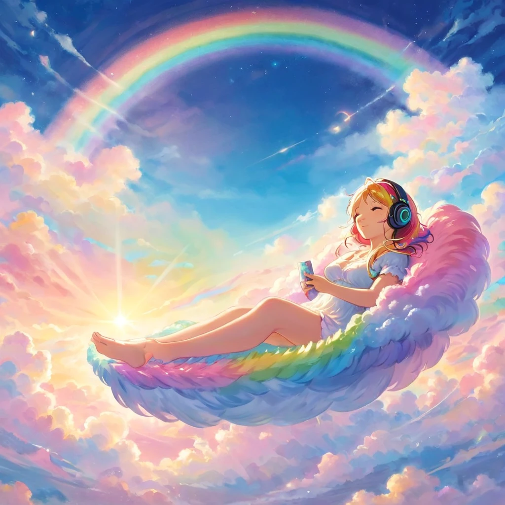 A stunningly ethereal woman, wearing headphones, composed of a dazzling array of rainbow hues, reclines gracefully at the end of a radiant rainbow amidst the fluffy clouds in the sky. Bathed in dynamic and enchanting lighting, accentuates her vibrant, full-bodied form. Fantasy art. Masterpiece 