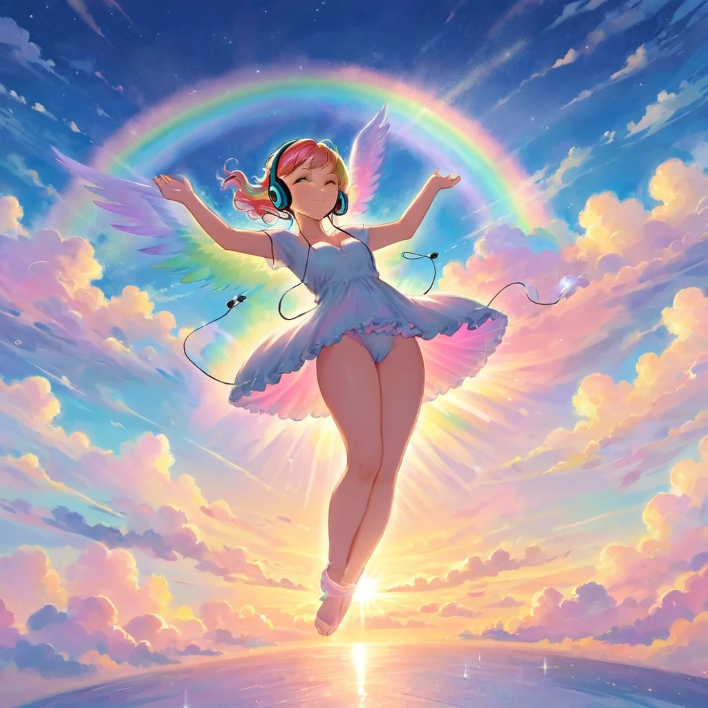 A stunningly ethereal woman, wearing headphones, composed of a dazzling array of rainbow hues, reclines gracefully at the end of a radiant rainbow amidst the fluffy clouds in the sky. Bathed in dynamic and enchanting lighting, accentuates her vibrant, full-bodied form. Fantasy art. Masterpiece 