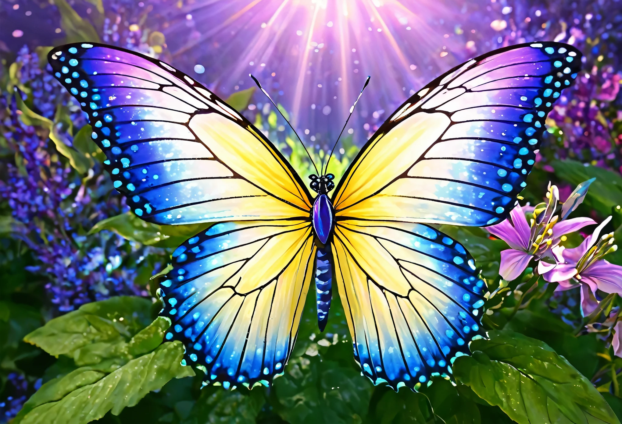 (best quality, 4k, 8k, high resolution, masterpiece: 1.2), (beautiful butterfly queen:1.32) and ultra detailed, long wings, vibrant and colorful, butterflies, majestic patterns, royal, regal, elegant and detailed, delicate, ethereal, iridescent. , shimmering, graceful, enchanting, fluttering, floating, luminous, mythical, fantasy, magical, enchantment, surreal, lush, blooming, vibrant garden, sun kissed, sunlit, soft, dreamy, golden rays of light, flowers bright, radiant and brilliant, harmonious, peaceful, calm, serene, fascinating, captivating.