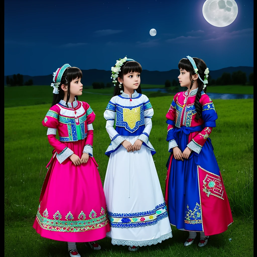 Highest quality、high quality、、Brightly embroidered ethnic costumes from Central Asia and the Caspian Sea region、Girl of the bride、Moonlit Grassland、moonlight、Long dress