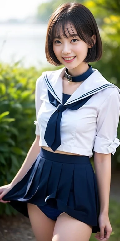 Neat and clean 、(student clothes、a sailor suit、Ribbon knot at chest、summer clothing、The upper body is white、The skirt is dark blue)、Outside the field、(Slimed)、Photorealsitic、detaileds, Skin Texture, ultra-detailliert、Delicate and sexy collarbone、A smile、Super Detailed Face、Detailed lips、A detailed eye、tiny chest、Smaller chest、small mall、flat breast、Chest emphasis、Bright face、((is standing、 Uniform、White panties are visible from the skirt、Sheer white shirt、Navy blue ribbon at the collar、Dark blue pleated micro mini、slightly lift the hem of the skirt with both hands,,))、Shorthair with bangs、Straight Bob Hair