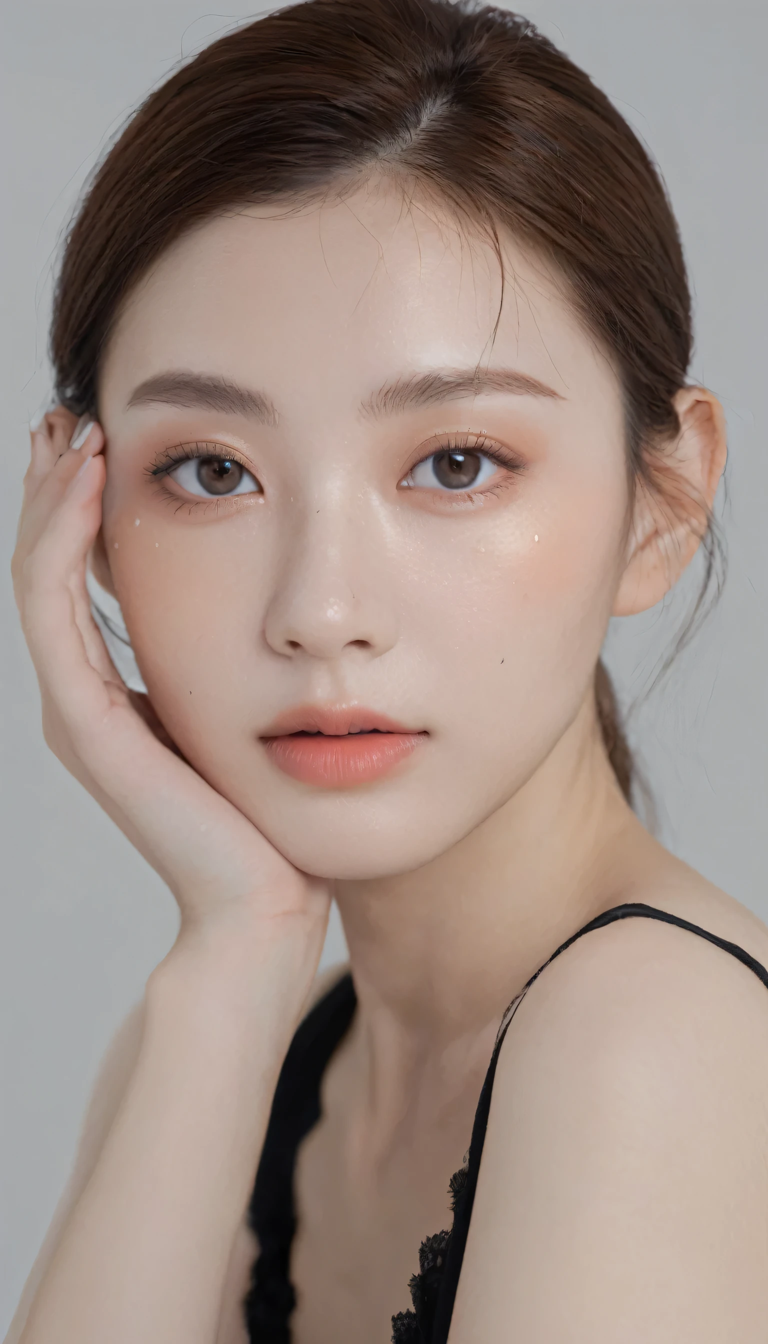 xxmixgirl, analog style, eye focus, highest quality, (highly detailed skin), photo of a exquisitely beautiful pale skin, 21yo, perfect face, alluring eyes, (seductive makeup: 1.3), skin pores, (bokeh:1.5), sharp focus, dappled lighting, (backlighting), film grain, (highly detailed, intricately detailed), 8k, HDR, front view, studio light, Ultra-detailed face, Detailed eyes, (Double eyelid: 1.4), Alice toggle, brown eye, (commercial: 1.4), (seductive makeup), ((white studio background: 2))