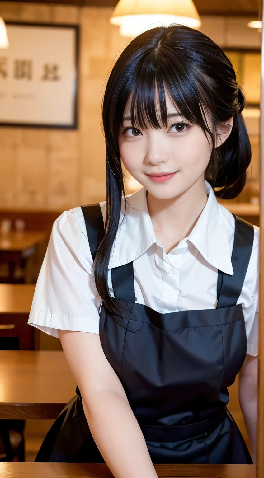 (highest quality,masterpiece:1.3,Ultra-high resolution,),(Very detailed,Caustics),(Realistic:1.4,RAW shooting,)Ultra-Realistic Capture,Very detailed,High resolution 16K human skin closeup。 Natural skin texture、,pores、、、、It must be detailed enough to be easily identifiable。 Skin tone is even and healthy looking。 Use natural light and color,restaurant,Waitress Uniform,1 girl,Japanese,18-year-old,cute,Black-haired,ponytail,Big Breasts,smile,Turn your body forward,(Front view:1.1),Looking into the camera,Cowboy Shot,