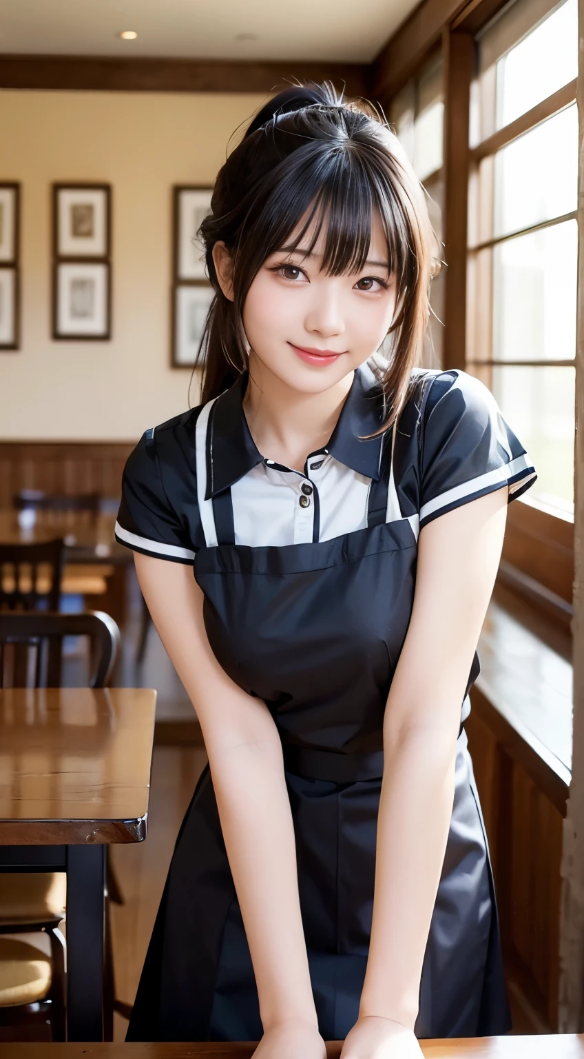 (highest quality,masterpiece:1.3,Ultra-high resolution,),(Very detailed,Caustics),(Realistic:1.4,RAW shooting,)Ultra-Realistic Capture,Very detailed,High resolution 16K human skin closeup。 Natural skin texture、,pores、、、、It must be detailed enough to be easily identifiable。 Skin tone is even and healthy looking。 Use natural light and color,restaurant,Waitress Uniform,1 girl,Japanese,18-year-old,cute,Black-haired,ponytail,Big Breasts,smile,Turn your body forward,(Front view:1.1),Looking into the camera,Cowboy Shot,
