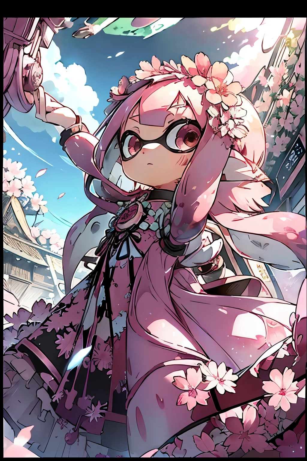 masterpiece、highest quality、High resolution、Real Anime、3D、background image、((Flower Field、Flowers on one side、Lots of petals、SakuraFubuki))、beautiful、beautiful、You can see far from the top of the hill、Ultra-wide angle、Splatoon Girl、20-year-old、((From the back))、((Angle from below))、((full body))、Pink tentacle hair、Metallic shiny tentacle hair、Flower Hair Ornaments、Flower crown、(((looking up:1.5)))、Looking at the flowers above、Are standing、(((From the back)))、The flowers are scattered far and wide、Punk Battle Suit、Clear sky、Little clouds、