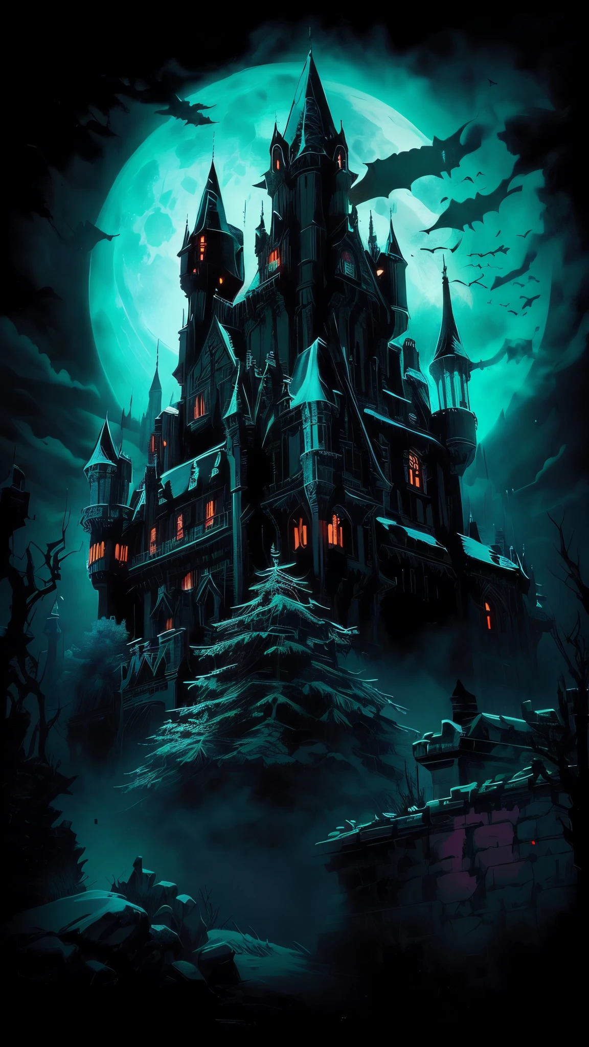 A dark castle,In the background is a full moon, Terror Castle). mystery, Haunted Mansion, Terror Castle)). mystery, Gothic Mansion, Dan Mumford's art style, Dan Mumford (Dan Mumford) Artwork style, El Bosco and Dan Mumford, Inspired by Dan Mumford, haunted house themed, Gothic castle, Inspired by Castlevania, Super detailed haunted house, unforgettable