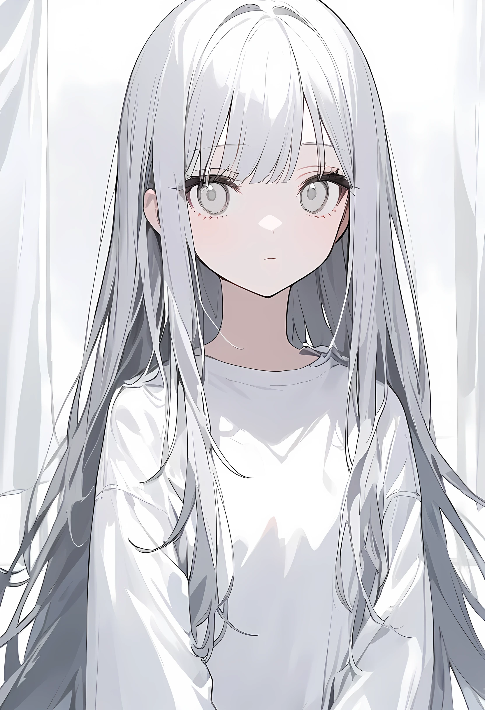 blank paper、Girl、Gray Hair、Long Hair、White eye color、All eyes are white、全体的にWhite Girl、White Girl、White background、White Girl、White Room、blank paperのGirl、Emotionless、Expressionless