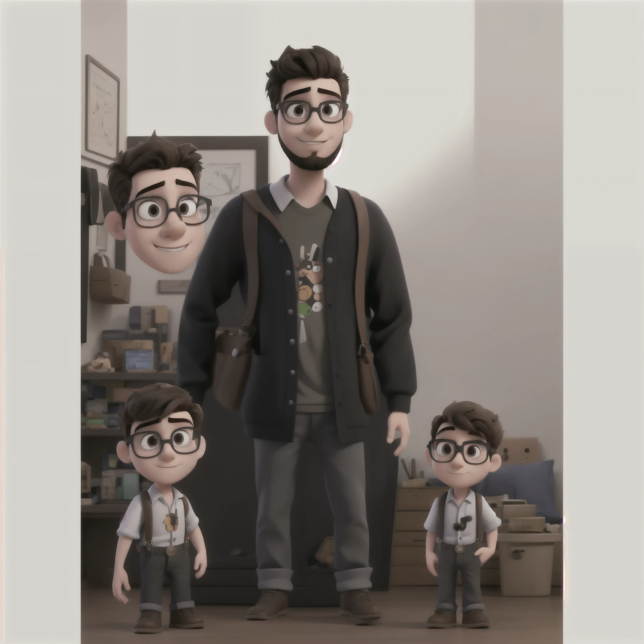 Portrait of a young man in the 3D pixar style, from the front, looking at the camera, with a little beard, short black hair and brown eyes, prescription glasses, wearing a social t-shirt with suspenders.