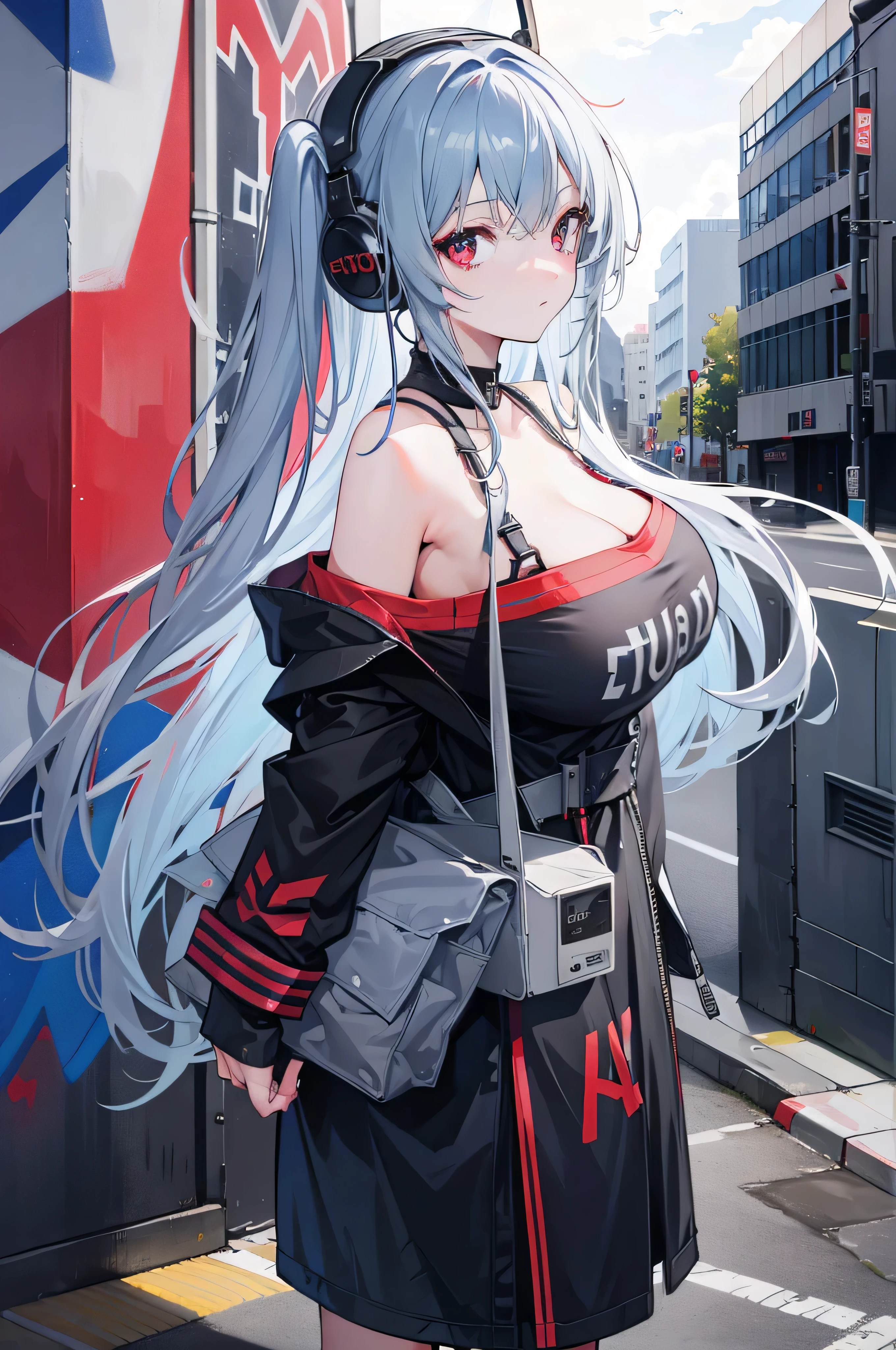 4K quality,Highest high resolution,Gray-blue bangs,Red eyes,Girl, large breasts,Graffiti walls,big headphone,wide wide shot,street corner