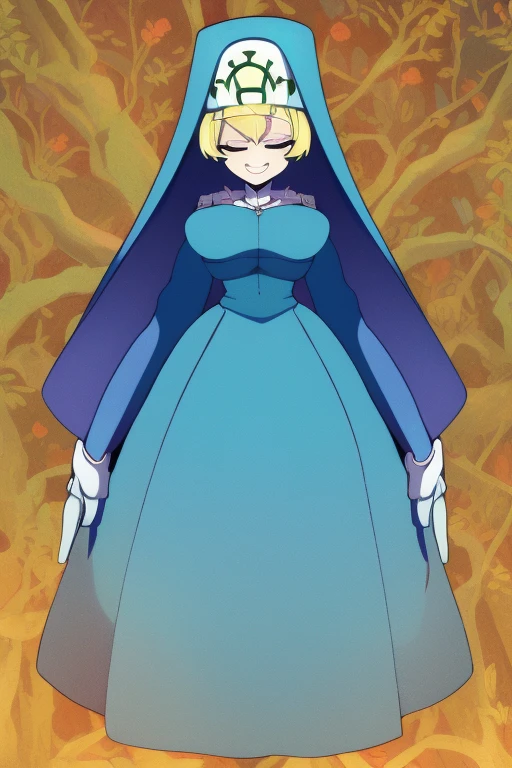 Double, short blonde hair, medium breasts, solo, smiling, cowboy shot, closed eyes,
blue habit, cross necklace ,white gloves, long sleeves, nun, long skirts, cloak, cape, full body view
(insanely detailed, beautiful detailed face,beautiful detailed eyes, masterpiece, best quality) forest