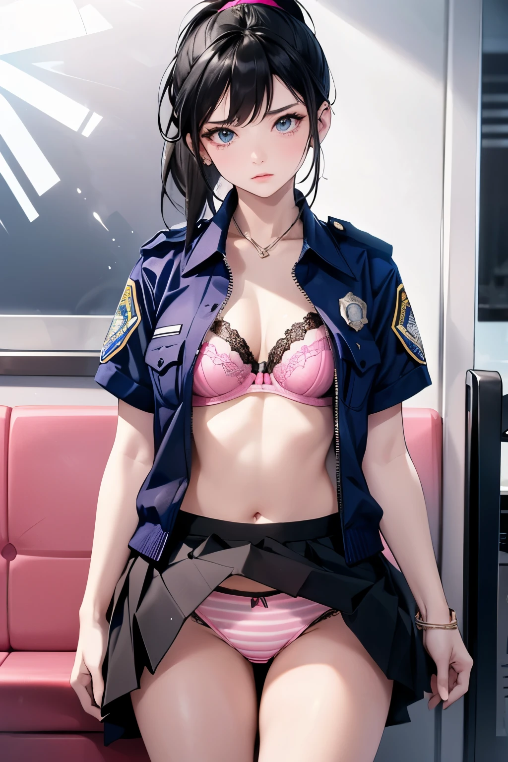 Browsing Caution,((highest quality)), ((masterpiece)), (detailed),sexy,A female police officer with a troubled face in heat,Black hair ponytail,A blue uniform with a bare navel,Black pleated skirt,Pink and white striped panties,Pink Bra,