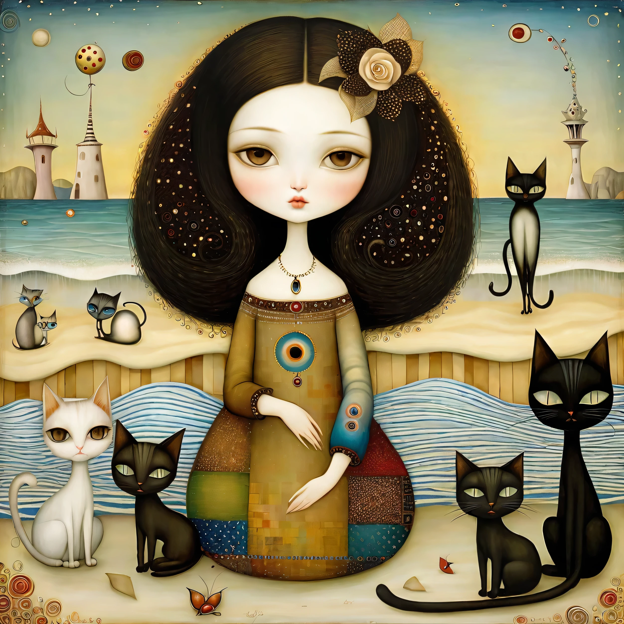 not in the foreground ,Patchwork by Klimt, Nicoletta Ceccoli, Naoto Hattori, Lawrence Didier, Leonora Carrington of Young European woman with long black hair, sweet light brown eyes, sitting on the beach. Cats with long necks, people dancing.