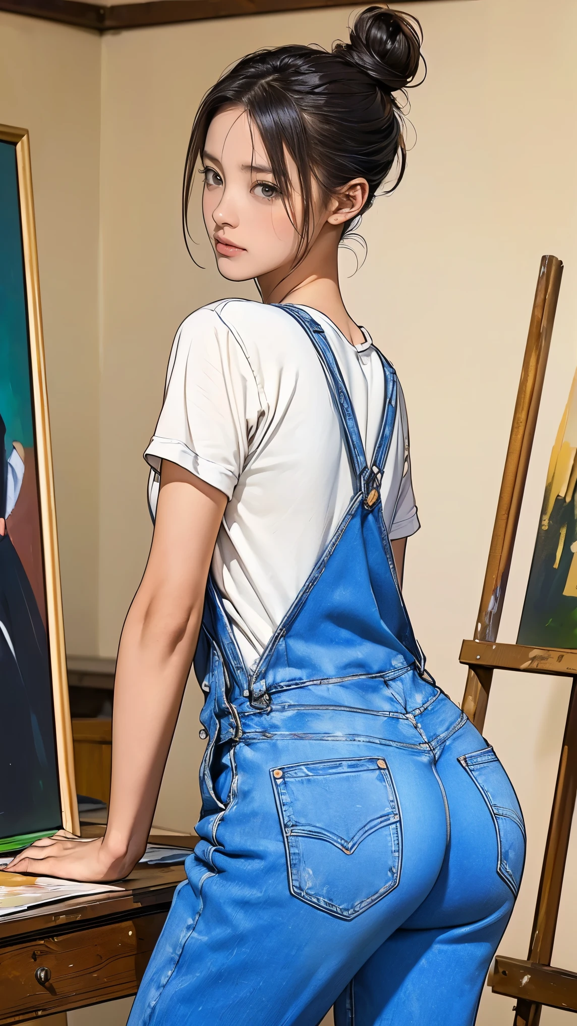 ((masterpiece)),(((highest quality))),((Reference Sheet, Character Design, front, return, ~ ~ side, Mr..々Hairstyle, Mr..々Performance, Facial Expressions)), -yeld gi Cute type, (Very slim:1.4), (Very small ass:1.4), Realistic buttocks, Big Breasts, Short Bob, Thin thighs, Long legs, It's not a big deal, ((Beautiful artist in jeans overalls、After painting on a large canvas、Relax in the art studio。, sneakers, 19th century Parisian artists, Messy hair bun)), ((Browsing Caution:1.0))