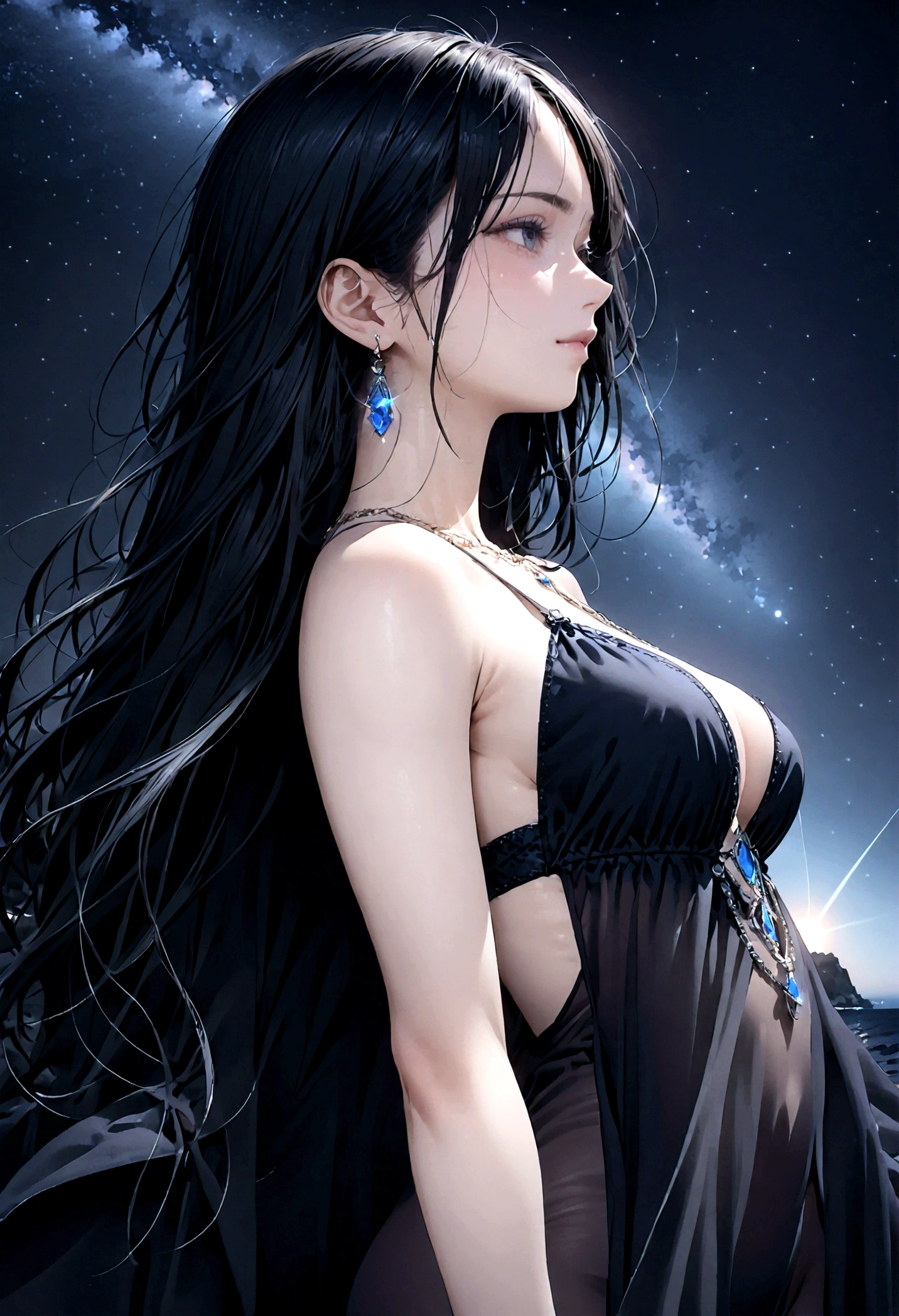 8k, masterpiece, RAW Photos, highest quality, Realistic, Very detailed, Depth of written boundary, Cinematic Light, Anatomically correct body,
An elegant beautiful mature woman, Very beautiful face, Exquisitely detailed face, (A calm and gentle face:1.4), Very delicate skin texture, Transparent muscle, Shiny white skin, Glamorous Body,
(Wavy black long hair:1.2), Sexy Breasts, Sexy ass,
(See-through slit long dress:1.4), (Detailed cloth texture:1.2), (Body chain accessory with detailed jewel studded embellishments:1.3), (Gorgeous necklace:1.1), (Gorgeous earrings:1.1),
(Dark starry background:1.4), (Milky Way:1.1), (milky way:1.1), (shooting star:1.1), (Dark coastline at night:1.4), (Pitch black sea surface:1.4),
(Low angle shot:1.8),