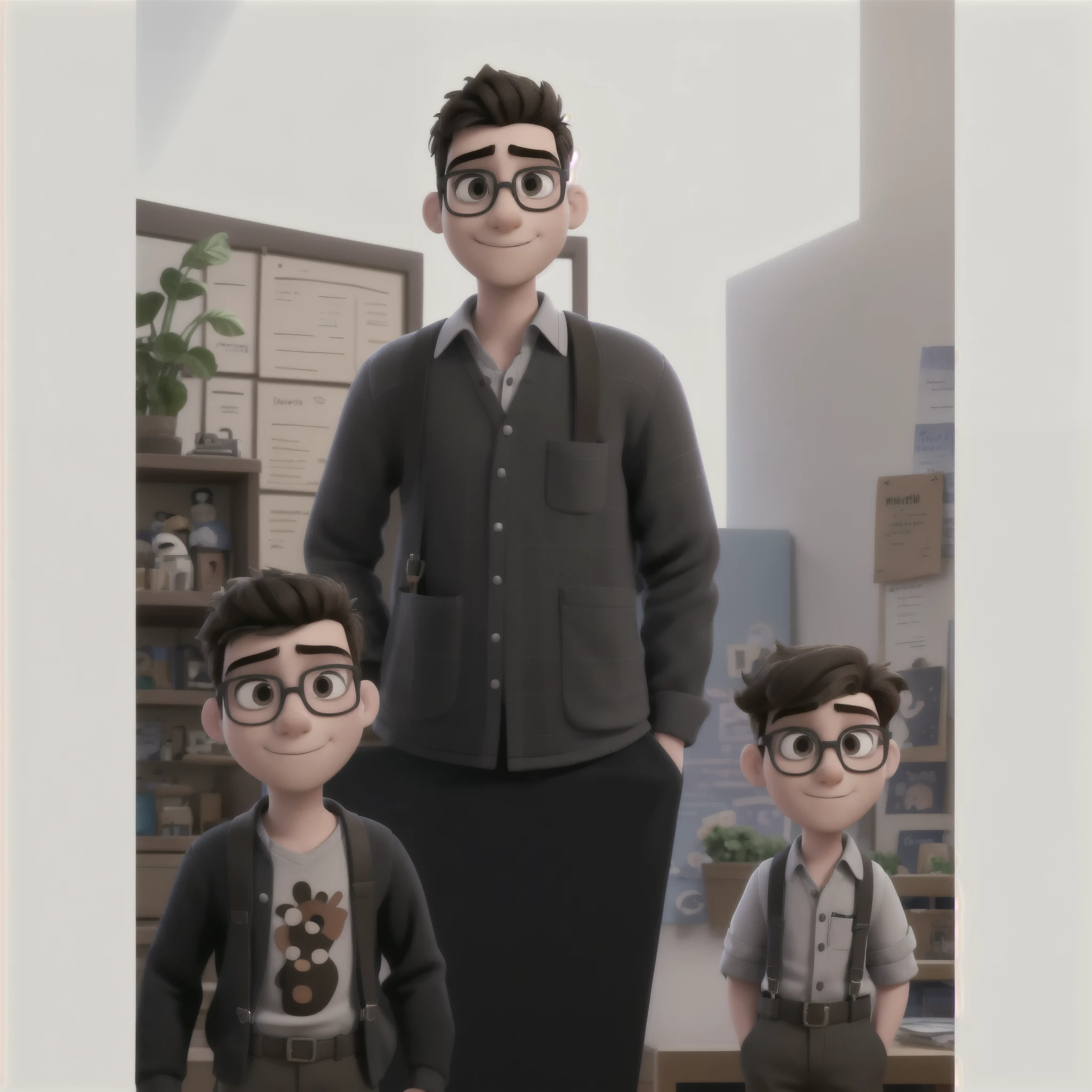 Portrait of a young man in the 3D pixar style, from the front, looking at the camera, with a little beard, short black hair and brown eyes, prescription glasses, wearing a social t-shirt with suspenders.