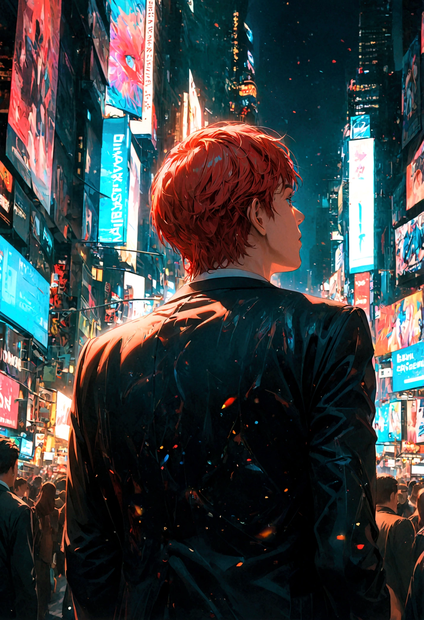 A red-haired, blue-eyed man in a black suit stands alone with his back turned halfway in the middle of Times Square at night.