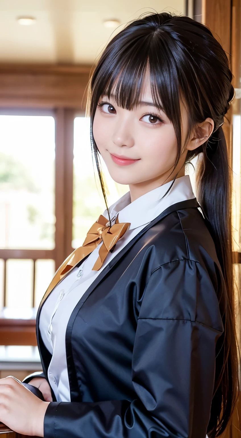 (highest quality,masterpiece:1.3,Ultra-high resolution,),(Very detailed,Caustics),(Realistic:1.4,RAW shooting,)Ultra-Realistic Capture,Very detailed,High resolution 16K human skin closeup。 Natural skin texture、,pores、、、、It must be detailed enough to be easily identifiable。 Skin tone is even and healthy looking。 Use natural light and color,restaurant,Waitress Uniform,1 girl,Japanese,18-year-old,cute,Black-haired,ponytail,Big Breasts,smile,Turn your body forward,(Front view:1.1),Looking into the camera,Cowboy Shot,