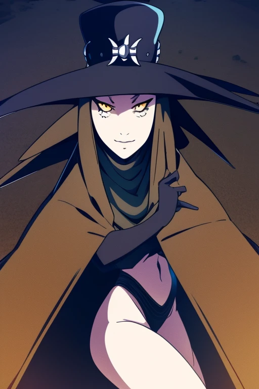 Scathach, girl1, solo, cape. hat, smile, yellow eyes, white skin, cape, cloak, shin megami tensei, gloves, shirt, socks, looking at viewer, outdoors,
BREAK (masterpiece:1.2), best quality, high resolution, unity 8k wallpaper, (illustration:0.8), (beautiful detailed eyes:1.6), extremely detailed face, perfect lighting, extremely detailed CG, (perfect hands, perfect ???????),