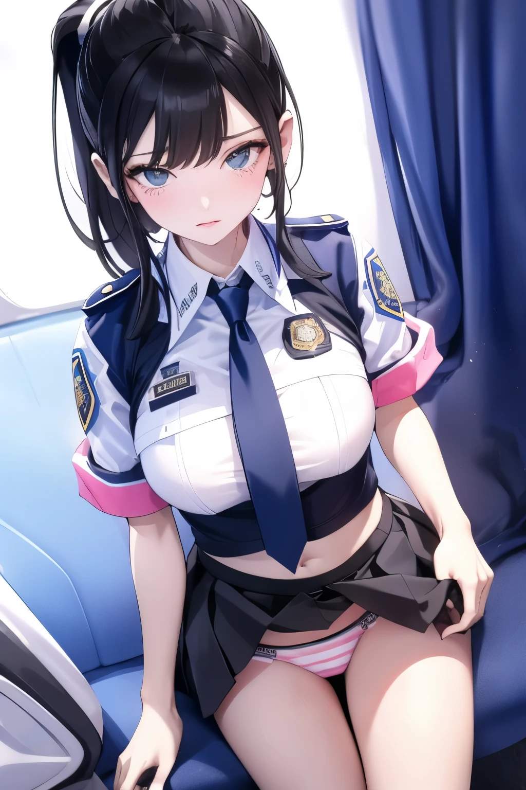 Browsing Caution,((highest quality)), ((masterpiece)), (detailed),sexy,A female police officer with a troubled face in heat,Black hair ponytail,A short blue uniform showing her navel,Black pleated skirt,Pink and white striped panties,Pink Bra,