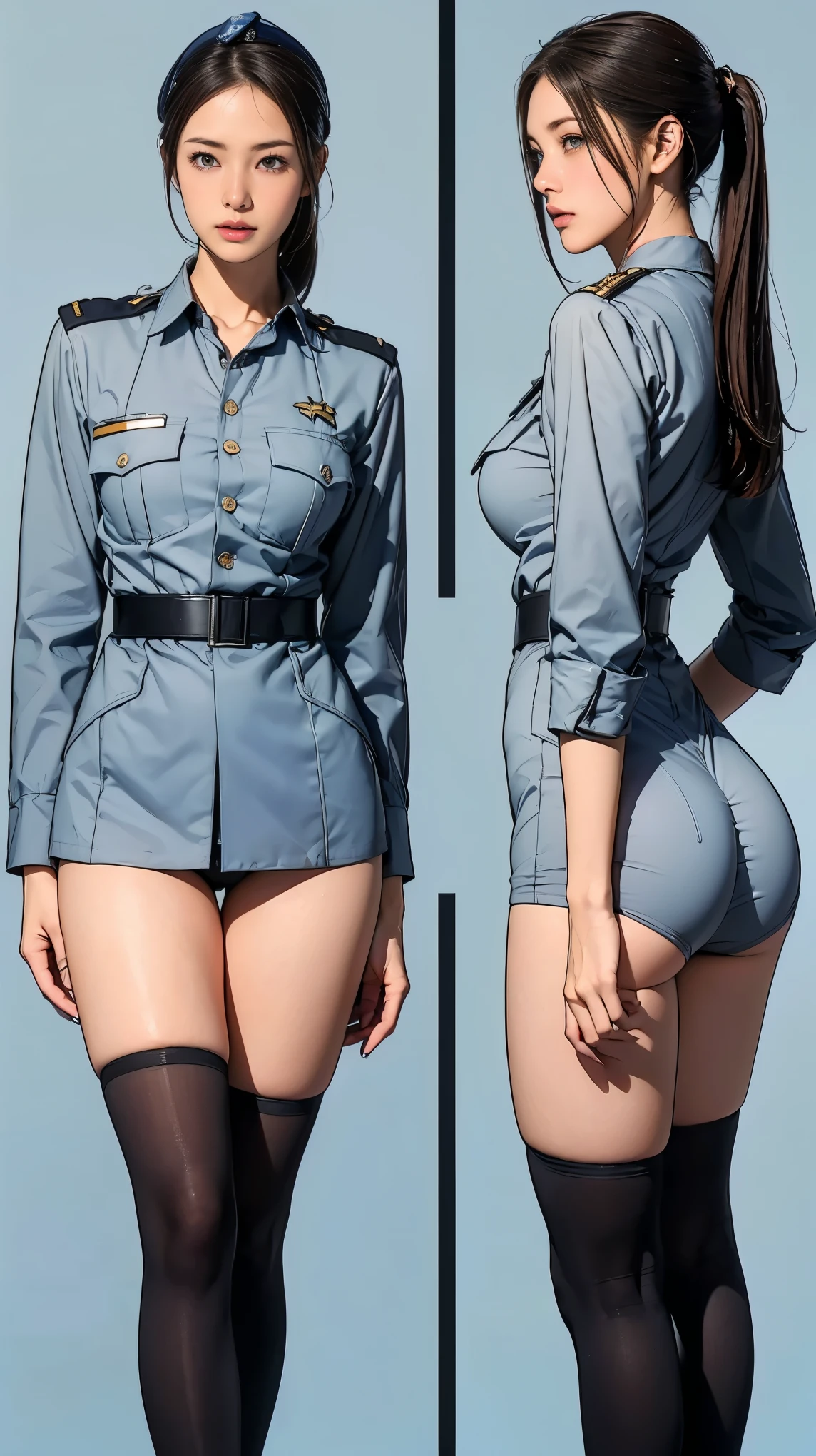 ((masterpiece)),(((highest quality))),((Reference Sheet, Character Design, front, return, ~ ~ ~ side, Mr...々Hairstyle, Mr...々performance, Facial Expressions)), 14-year-old girl, Cute type, (Very slim:1.4), (Very small ass:1.4), Realistic buttocks, (Big Breasts:1.3), Short Bob, Thin thighs, Long legs, It's not a big deal,(A female Earth Federation officer is walking), (Wearing Earth Federation military uniform, Light grey and light blue military uniform),(Worn by federal government employees&#39;White Hat:1.5)