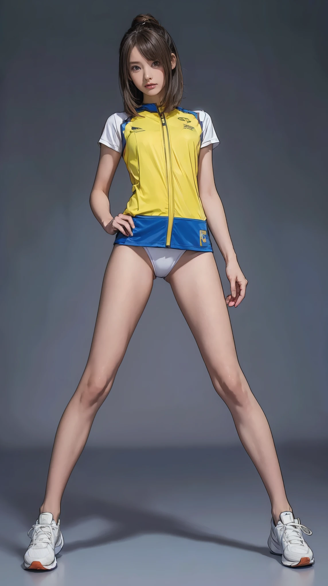 ((masterpiece)),(((highest quality))),((Character design sheet)),Thin thighs,Long legs,It's not a big deal ,Wearing a marathon uniform and marathon shoes