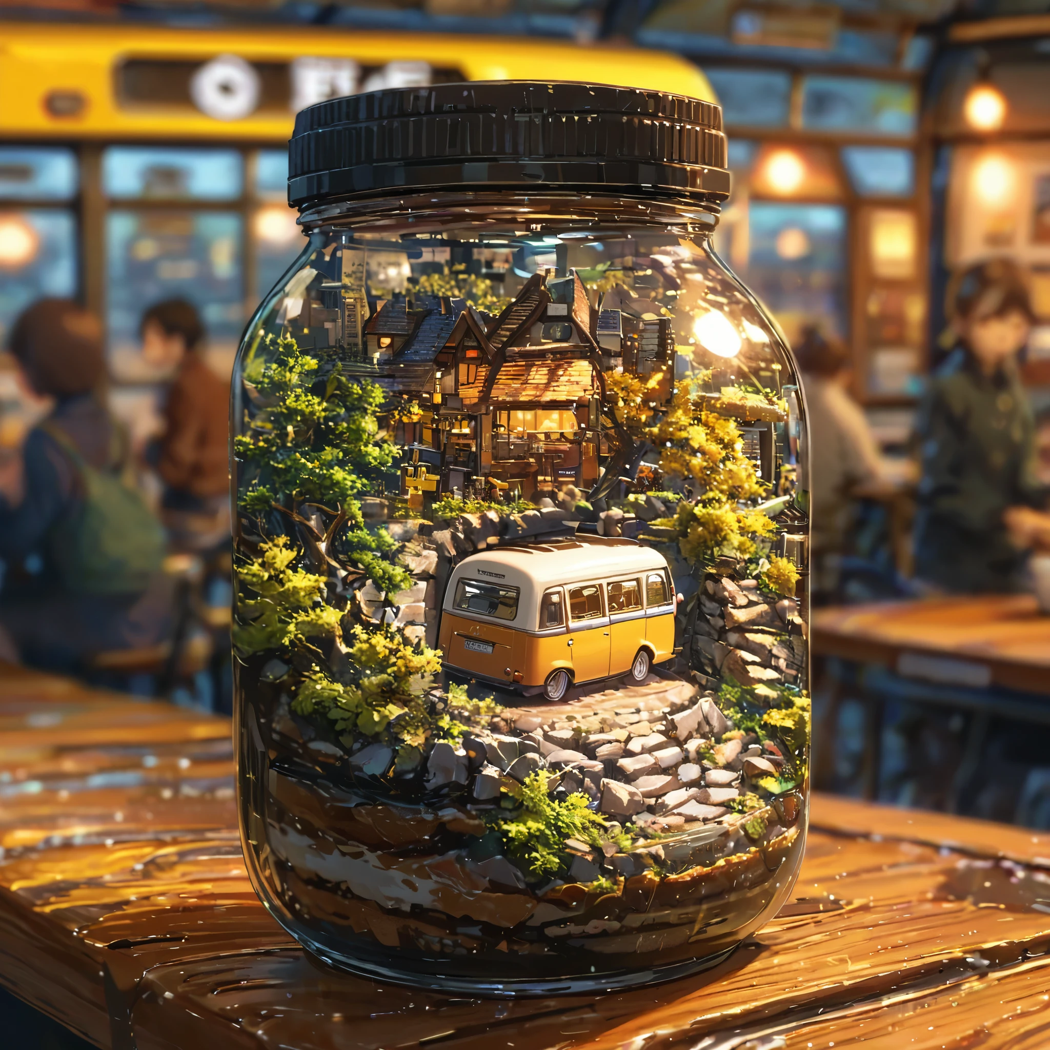 ((tilt-shift photography)), ((anime:1.4,illustration)),(masterpiece, top quality, best quality),(ultra-detailed, absolutely resolution),((16k, high res)), (((cafe in side of bus))), ((anime:1.4,illustration)),(masterpiece, top quality, best quality),(ultra-detailed, absolutely resolution),((16k, high res)). BREAK {lofi art, style of Laurie Greasley, style of Makoto Shinkai, anime aesthetic}, BREAK { (produces images with information than 40 million pixels with cinematic-like detailed textures shot on a Sony SLR).}