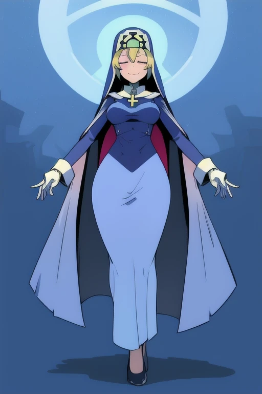 Double, short blonde hair, medium breasts, solo, smiling, cowboy shot, closed eyes,
blue habit, cross necklace ,white gloves, long sleeves, nun, long skirts, cloak, cape, full body view
(insanely detailed, beautiful detailed face,beautiful detailed eyes, masterpiece, best quality) forest