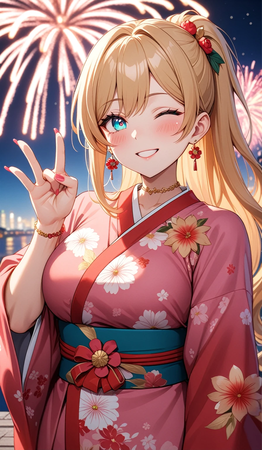 ((one personの女性)), Beautiful Face, Laughing embarrassedly,((Wink:2.0)),((a woman making a cute hand sign. She is holding one cheek with her hand and smiling shyly)),Laughing with your mouth open,((Red cheeks:1.4)),Lighting on the face,Glossy pink lips,night,rooftop,Festive decorations,You can see the ocean, firework,((Anime style background)),masterpiece, highest quality, so beautiful, Latest, Complex details, (Pink long nails),(ring),(flower bracelet),Floral choker,AI-generated, Complex,High resolution, highest quality, super high quality,3D Images、View your viewers、3D Images,one person,Long Blonde Hair,High Ponytail,Turquoise Eyes,Anime woman posing for a photo, (Fine grain,Colorful eyes,Shining Eyes:1.4),(Squint your eyes:1.1),a hyperRealistic , hyperRealistic , Realistic,Blonde anime woman with long hair, Smooth anime CG art, A woman in a colorful kimono with gold embroidery, (Pink kimono),Red floral pattern,Long flower hair ornament,Large floral earrings,(ring),(Big Breasts:1.1),Mature Body,Tall,Big Ass,Fine details,Narrow waist,Abdominal muscles,(Zoom in on face:1.1),(Tilt your head:1.1),