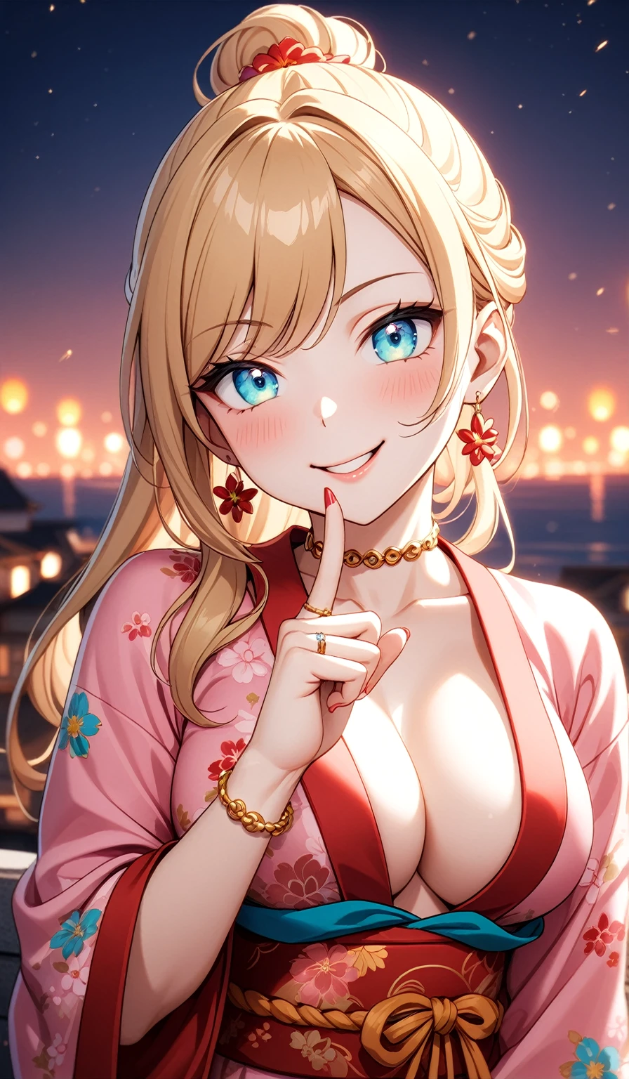 ((one personの女性)), Beautiful Face, Laughing embarrassedly,((Wink:2.0)),((a woman making a cute hand sign. She is holding one cheek with her hand and smiling shyly)),Laughing with your mouth open,((Red cheeks:1.4)),Lighting on the face,Glossy pink lips,night,rooftop,Festive decorations,You can see the ocean, firework,((Anime style background)),masterpiece, highest quality, so beautiful, Latest, Complex details, (Pink long nails),(ring),(flower bracelet),Floral choker,AI-generated, Complex,High resolution, highest quality, super high quality,3D Images、View your viewers、3D Images,one person,Long Blonde Hair,High Ponytail,Turquoise Eyes,Anime woman posing for a photo, (Fine grain,Colorful eyes,Shining Eyes:1.4),(Squint your eyes:1.1),a hyperRealistic , hyperRealistic , Realistic,Blonde anime woman with long hair, Smooth anime CG art, A woman in a colorful kimono with gold embroidery, (Pink kimono),Red floral pattern,Long flower hair ornament,Large floral earrings,(ring),(Big Breasts:1.1),Mature Body,Tall,Big Ass,Fine details,Narrow waist,Abdominal muscles,(Zoom in on face:1.1),(Tilt your head:1.1),