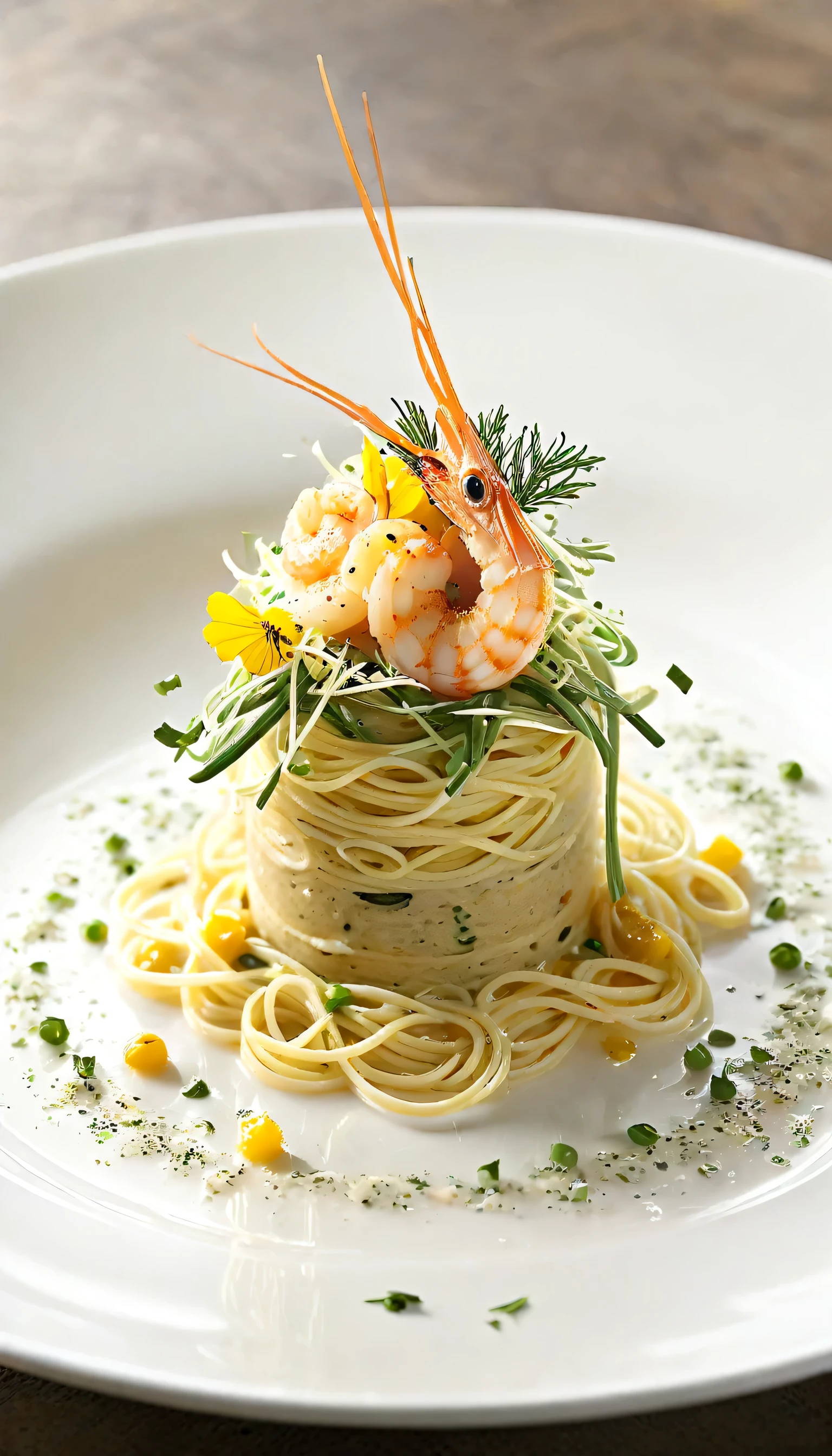 Craft a series of images presenting Olive Garden's Chicken and Shrimp Carbonara in creative plating styles, ranging from minimalist and modern to elaborate and artistic. Experiment with garnishes, sauces, and edible flowers to elevate the presentation and evoke a sense of culinary sophistication