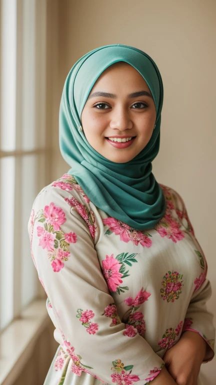 a photo portrait of a beautiful malay girl with turquoise hijab wearing floral turquoise color baju kurung and few freckles, (plain turquoise hijab), very big firm breast, white studio background, (medium shot portrait:1.3), dramatic light , smile, Rembrandt lighting scheme, (hyperrealism:1.2), (8K UHD:1.2), (photorealistic:1.2), shot with Canon EOS 5D Mark IV, detailed face, detailed skin texture, hari raya, eid mubarak,