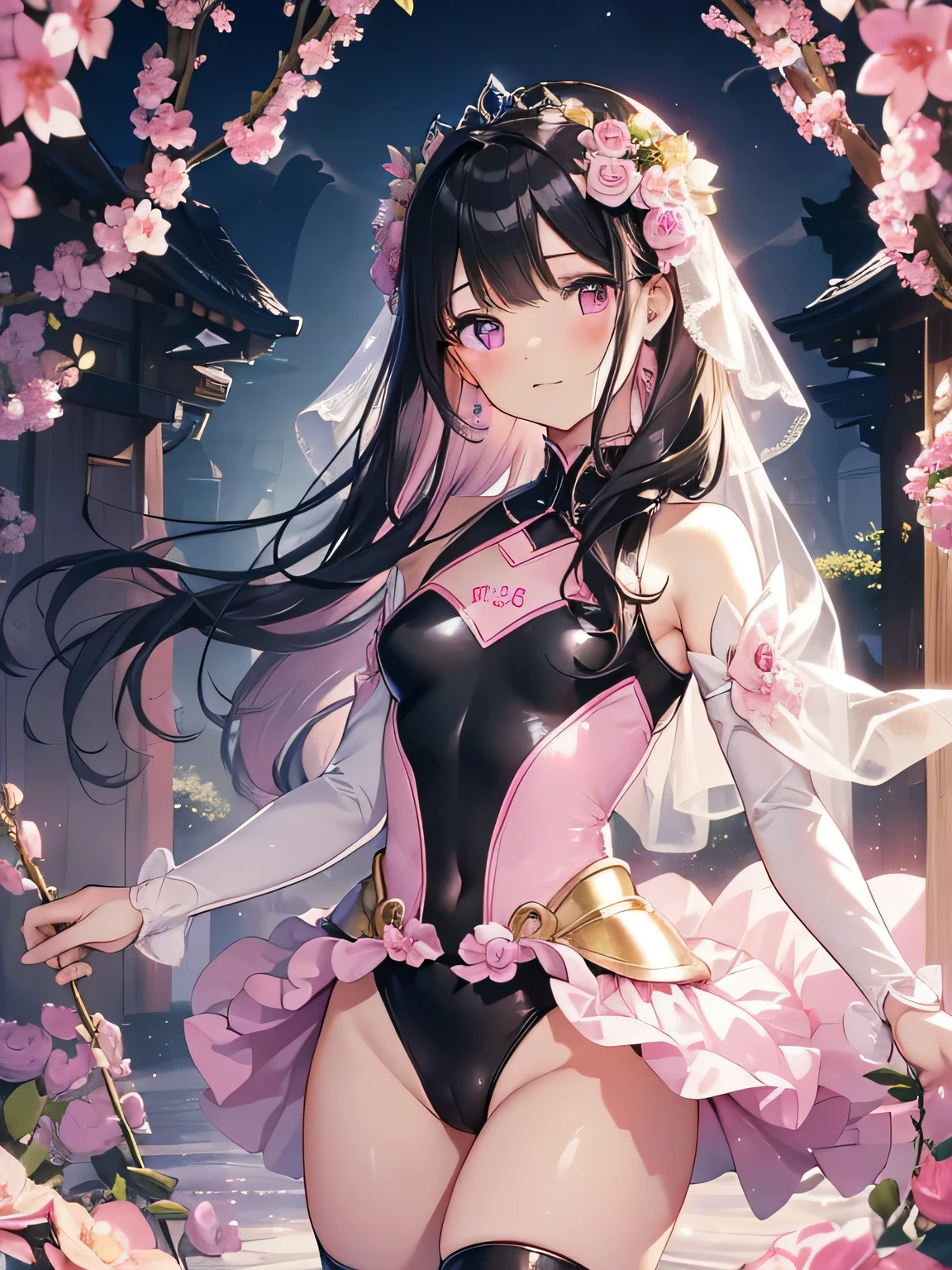 highest quality、Very delicate and beautiful、Very delicate and beautiful、(Beautiful eyes)、Pink Eyes、I、I、、 、Japanese、、Chiquita、(armor)、(Black Hair)、((Pink leotard))、(High leg)、Tiara on head、Laughter、standing、Look forward、((The background is inside an alien hive))