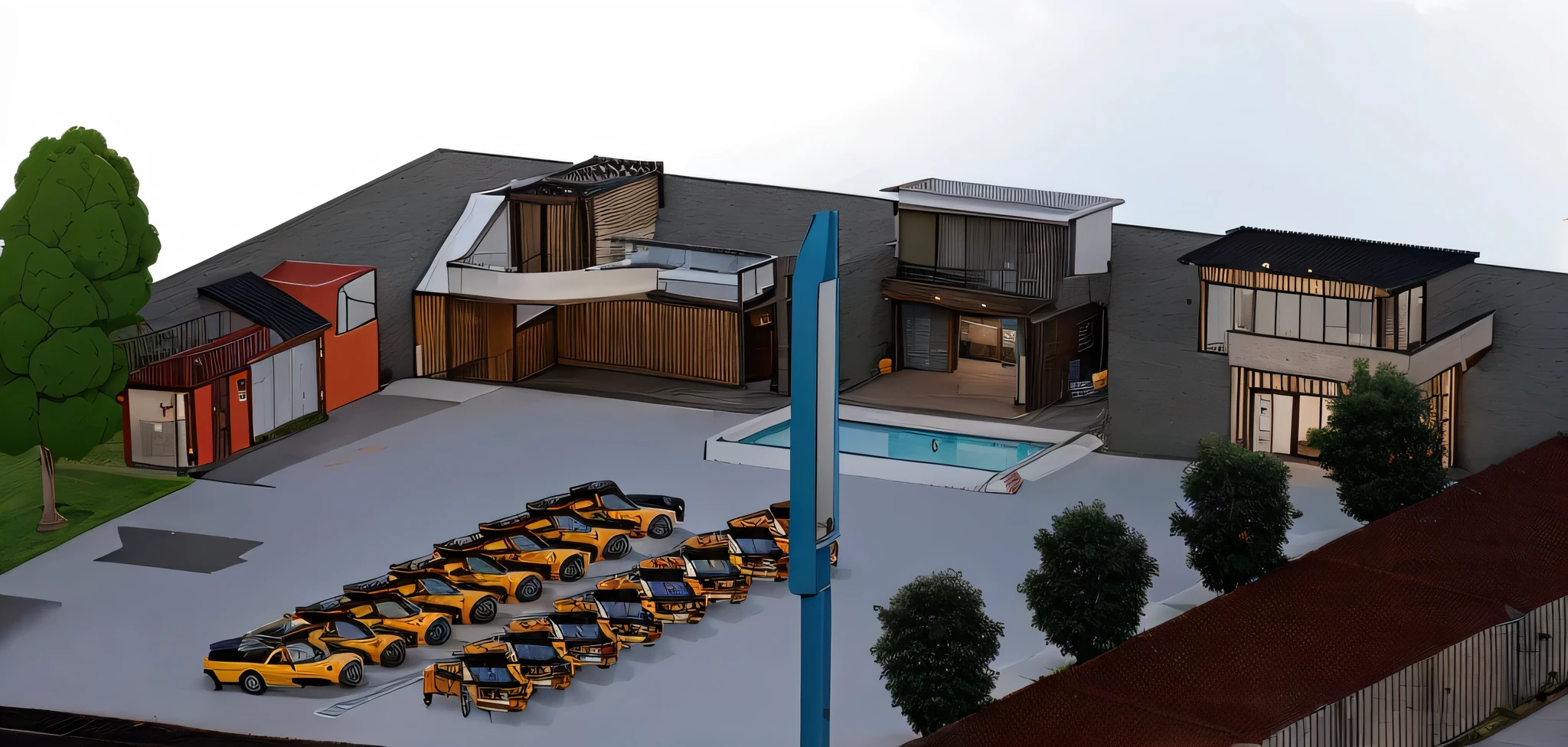 Community Mall, Container House, Tree, Car on parking lots, Sky, Pool