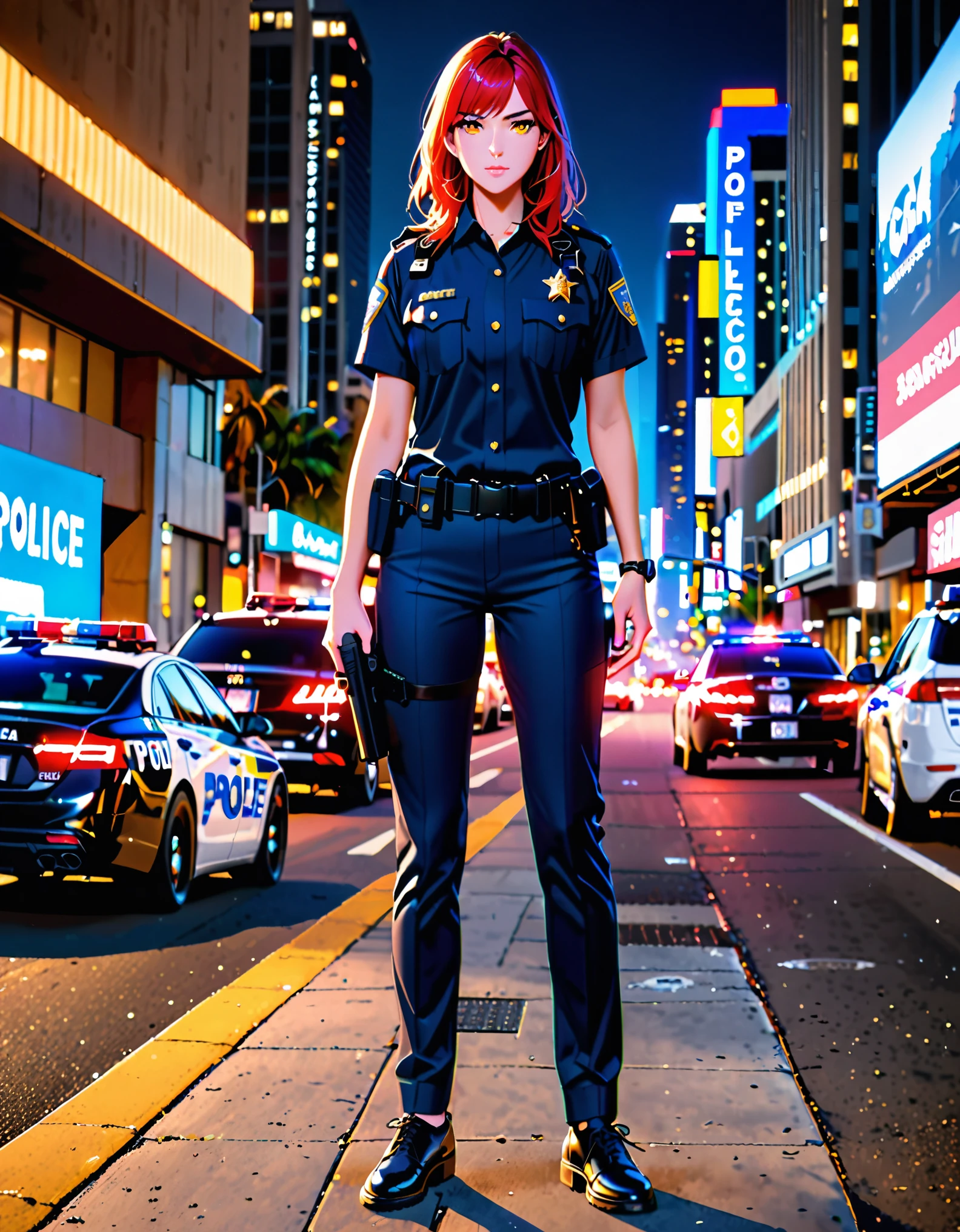 best quality, masterpiece, highres, solo, solo focus, 1lady, semi-realistic, standing straight, red hair, hazel eyes, beautiful detailed eyes, beautiful detailed face, perfect hands, sexy Los Angeles police officer, matching pants, city backdrop, neon edge lighting, highly detailed, professional, matching shoes, full body shot, using pistol, glock17, medium hair, hair down, nighttime.