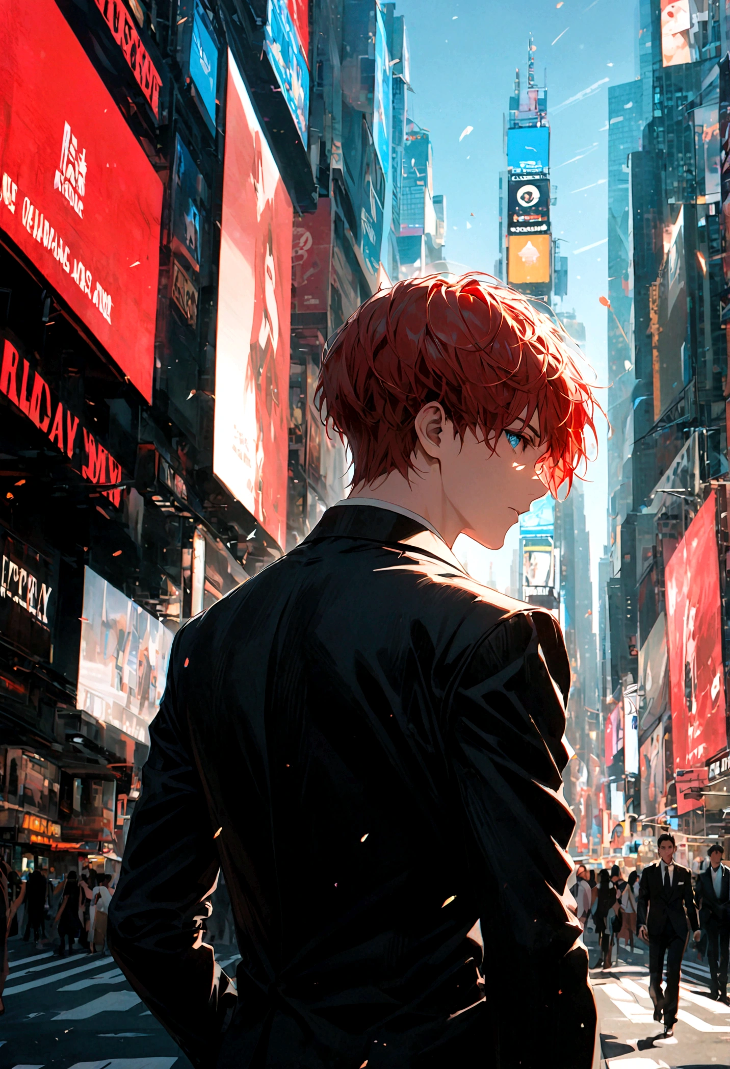 A young man with red hair and blue eyes in a black suit stood alone with his back turned and his face halfway in the middle of Times Square during the daytime.