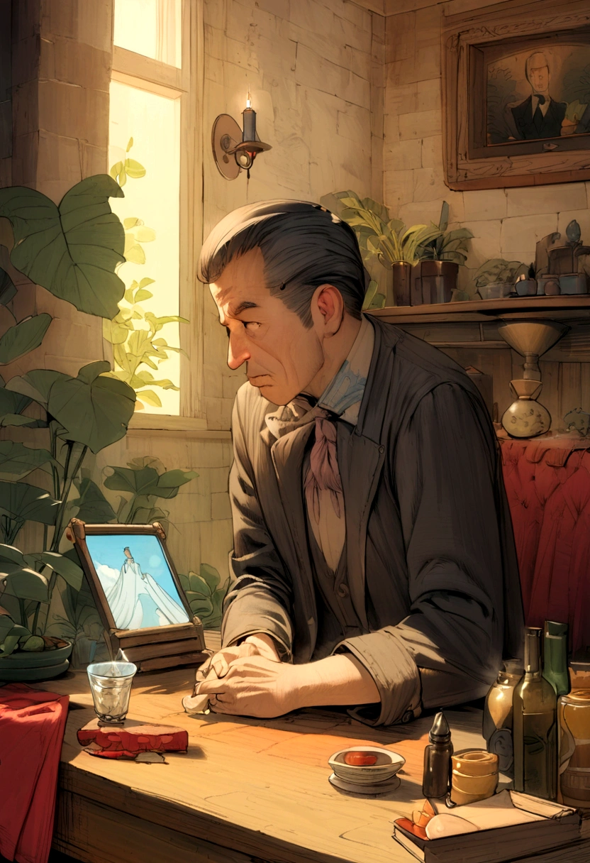 Draw me a picture of a man drinking at home，Style Chris Van Allsburg --v 6 