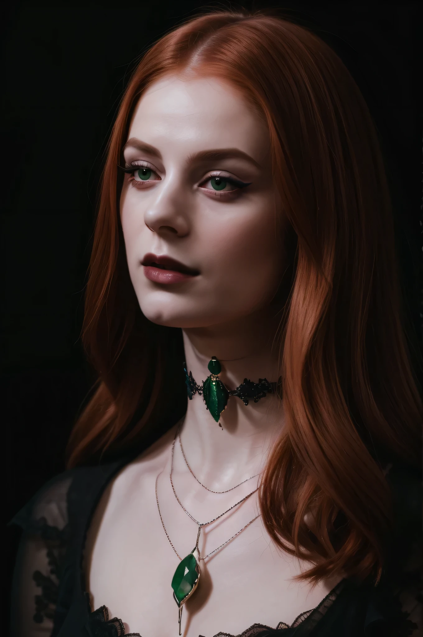 arafed woman, choke with a green jewel, ginger hair ,portrait, woman pretty, ginger hair ,goth , goth necklace , dress-black-lace ,chocker,portrait,paintings,digital paintings, eyeliner wonderful highly detailed masterpiece, beautiful light deep focus, elegant, digital painting, smooth, dramatic lighting, ultra realistic, 8k, art , black background, blure,na, portrait of a vampire, digital art of an elegant, inspired by Eleanor Vere Boyle