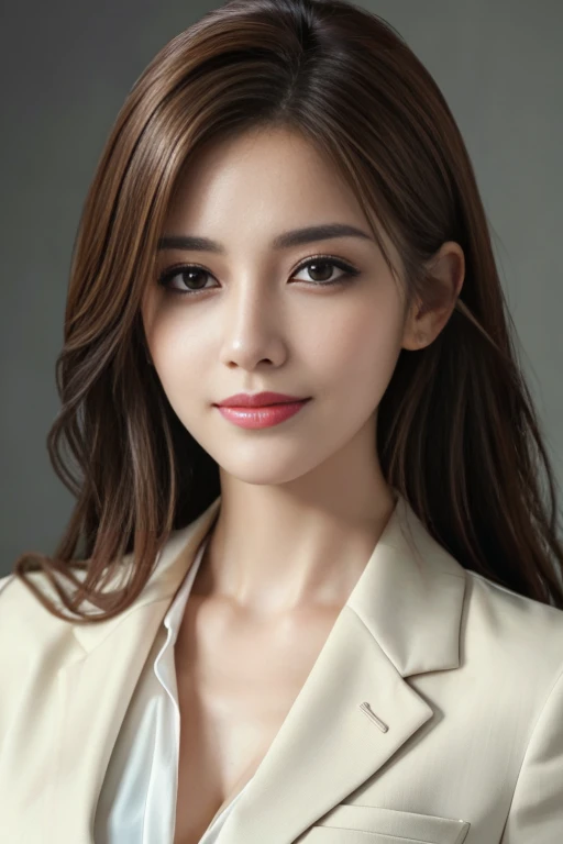 table top, highest quality, realistic, Super detailed, finely, High resolution, 8k wallpaper, 1 beautiful woman,, light brown messy hair, wearing a business suit, sharp focus, perfect dynamic composition, beautiful and detailed eyes, thin hair, Detailed realistic skin texture, smile, close-up portrait, model body shape