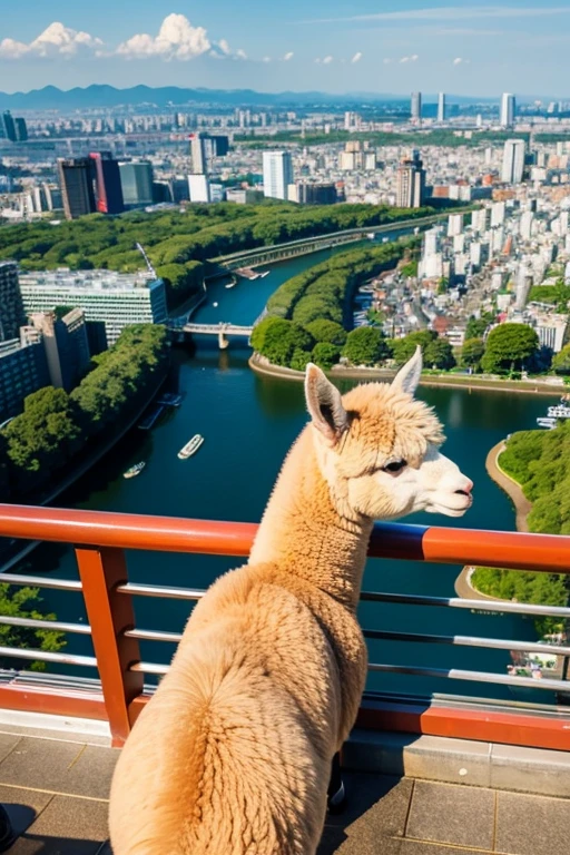Alpaca looking down on Tokyo from the Tokyo Tower observation deck。Enjoying a trip to Tokyo with Hajime。