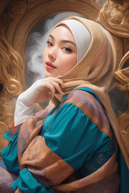1 malay girl in hijab, solo, flower field, blossom, (white smoke:1.3) (photorealistic:1.4), zentangle, mandala, entangle, official art, unity 8k wallpaper, ultra detailed, beautiful and aesthetic, masterpiece ,best quality, (dynamic angle:1.4), glowing skin, (floating colorful sparkles:1) the most beautiful form of chaos, elegant, a brutalist designed, vivid colours, romanticism depth of field exotic_dance, half_naked