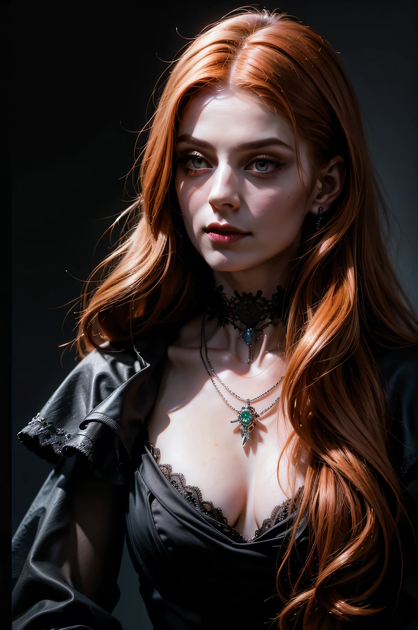 arafed woman, choke with a royal jewel, ginger hair ,portrait, woman pretty, ginger hair ,goth , goth necklace , dress-black-lace ,chocker,portrait,paintings,digital paintings, eyeliner wonderful highly detailed masterpiece, beautiful light deep focus, elegant, digital painting, smooth, dramatic lighting, ultra realistic, 8k, art , black background, blure,na, portrait of a vampire, digital art of an elegant, inspired by Eleanor Vere Boyle