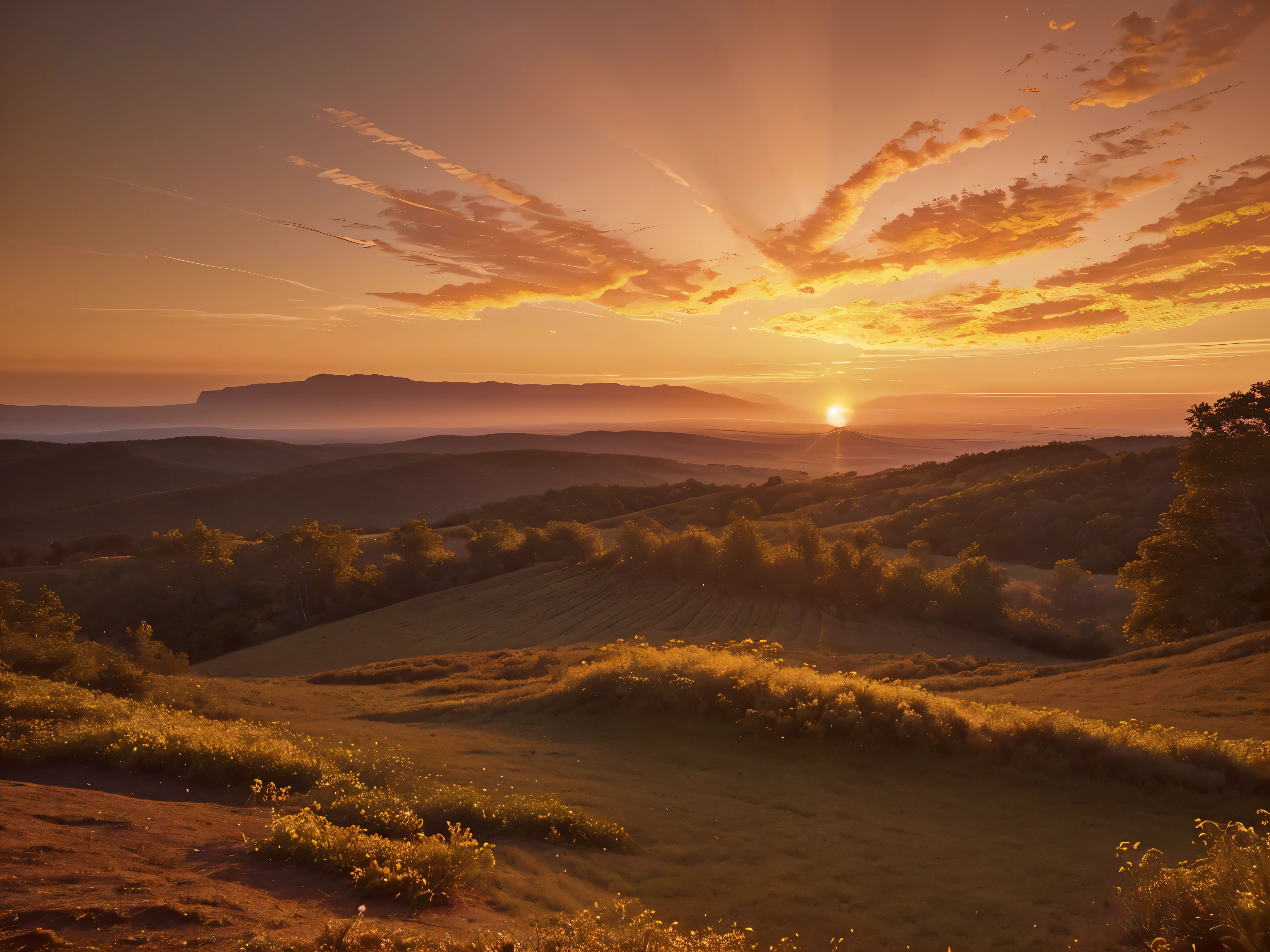 A breathtaking sunset bathes the landscape in warm, golden tones, the evening glow casting a picturesque hue over the distant vista. A realistic and vivid scene unfolds, showcasing the rich colors of the sky as the sun dips below the horizon. Captured through a wide-angle lens and shot in the evening, this stunning photograph exudes a positive film vibe with its naturalistic style. The high-definition filming captures every minute detail, immersing viewers in the beauty of the gorgeous and colorful sunset scenery.