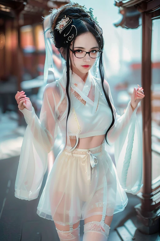 Shy woman in the snowy mountains at night,(8K Ultra HD、Digital SLR Camera、Soft Light、high quality、Volumetric Lighting、frank、photo、high resolution、4k、8K、Bokeh),(Rich details on the eyes and face,warm color, Very saturated colors,Show a charming smile, little cherry mouth, mouth closed, Balanced Eyes, Perfect face, Pretty Face, black eyes,Perfect body,Model figure,Skin is transparent and visible, Shirasawa skin, cosmetic, (Glasses),earrings,wristband,necklace, Jewelry,veil,Hair accessories),(Create stunning images of real girls, warm light, Dynamic poses, Elegant Posture, Cowboy lens, Front full body,Look confident from the front,Body facing the camera,Standing pose facing the camera,Open your legs slightly,Golden Ratio Graphics,Minimalism, ), ,Chinese anime female model,Waist-length hair,Messy Hairstyle,,Gradient hairstyles,Cyberpunk hairstyle,(Transparent clothes:1.5),Purple clothes,Thin clothes。Transparent mesh clothes,Transparent clothes,Transparent tights,Tulle Skirt(Sexy,Low-cut,Side Breast,Perfect breast shape、Very detailed breasts,34E cup),No underwear,(Super high waist,Waist hollow,Levain),Black socks.(Clear knee-length socks、Garter socks,Leg ring,garter、腿部garter)