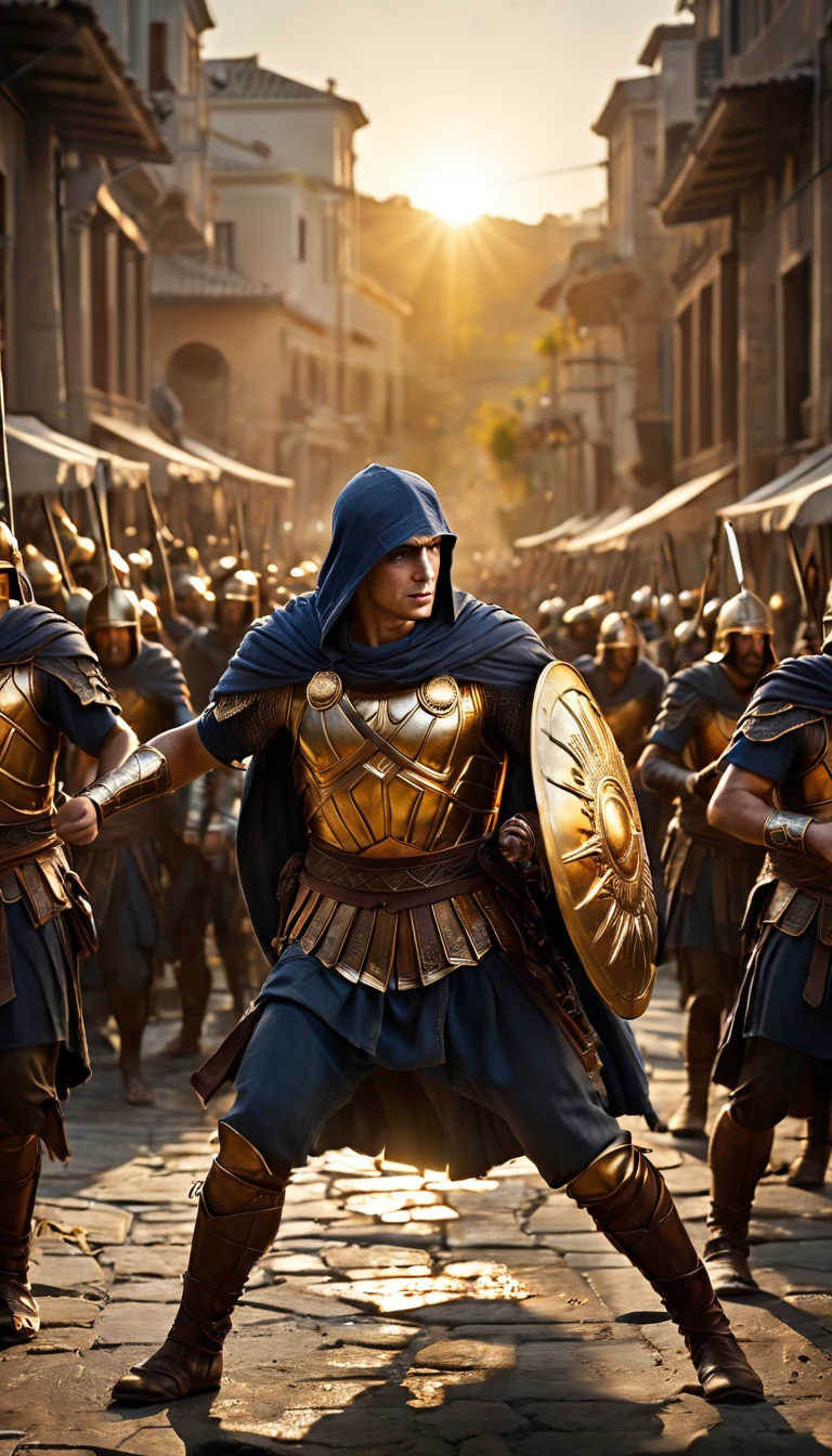 As the sun began to set, The warm golden color of the sun shone on his clothes, An intense moment capturing the pivotal turning point of the battle, with the Greeks rallying against the Persian onslaught, background dark, hyper realistic, ultra detailed hyper realistic, photorealistic, Studio Lighting, reflections, dynamic pose, Cinematic, Color Grading, Photography, Shot on 50mm lens, Ultra-Wide Angle, Depth of Field, hyper-detailed, beautifully color, 8k, golden light from the front,