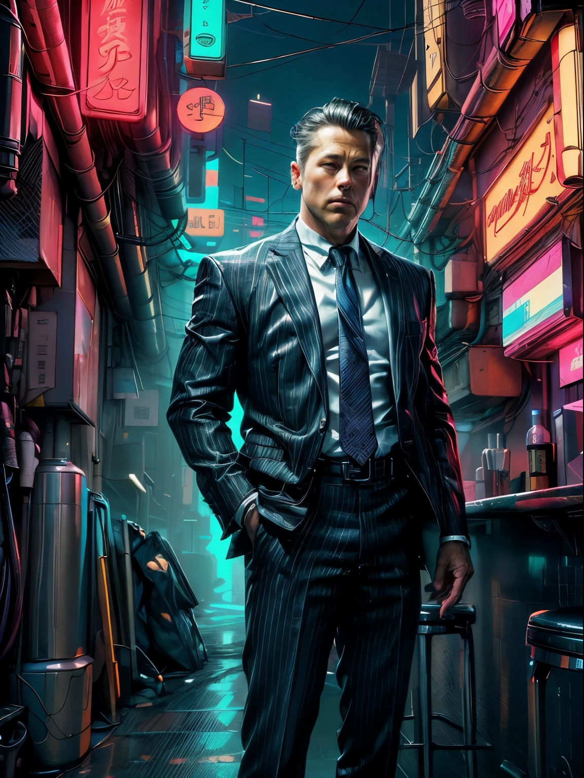 {Brad Pitt lookalike;1.5),(A dull and tired-looking middle-aged businessman:1.2),(highest quality、8k、32k、masterpiece)、(Ultra-high resolution)、(Photorealistic:1.4)、Raw photo、Action pose:1.2,Detailed cyber business fashion、Cyberpunk World,Depth of written boundary,Blurred Background,、A tired-looking businessman drinking at a bar in the cyberpunk city of Luidae、Shining cyber tech neon sign 、(Corporate warrior Yamazaki:1.2)、(Japanese salaryman:1.3)、(Takuro Yamazaki:1.3)