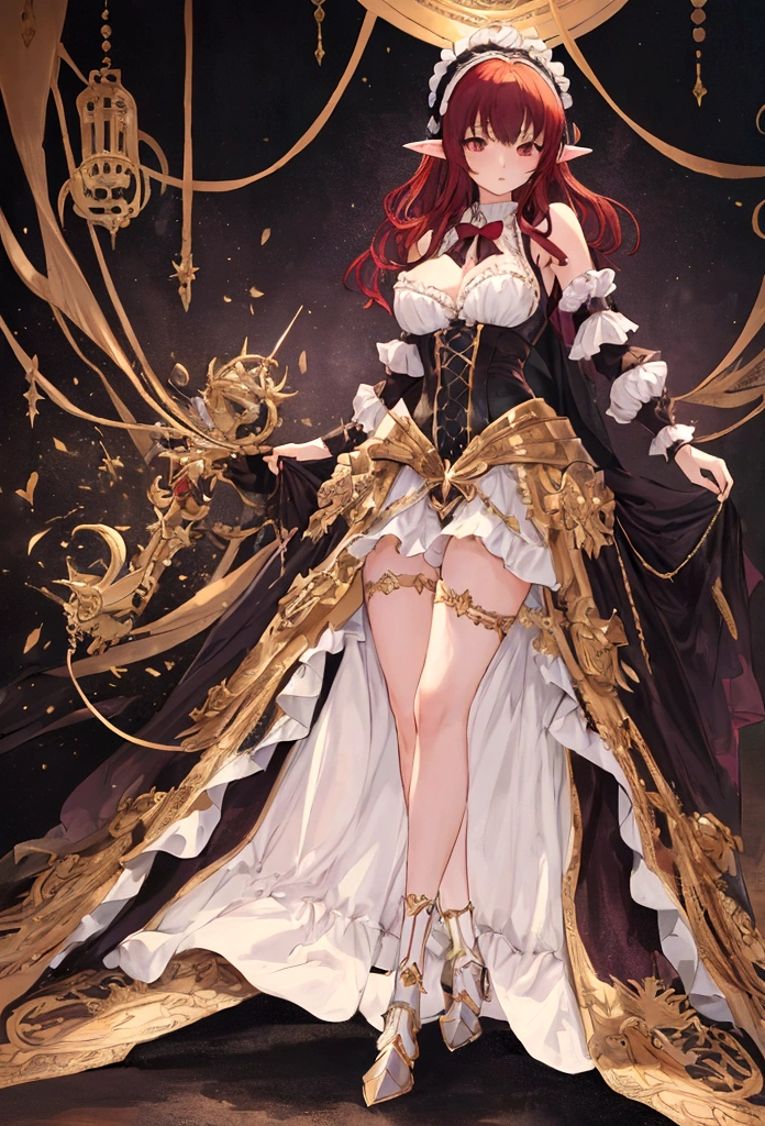 1girl, ((masterpiece,best quality)), Cute, solo, Star Dress, ((a unique renaissance era outfit with Victorian styling, no sleeves, armor)), ((Full body)), (tight waist, medium breasts, thighs)), Sexy, excited, Hentai art, big breasts, epic art, fantasy, 8k, hd wallpaper, high quality, intricate, elegant, highly detailed, clear focus, illustration, poster, postcard, ((right anatomy)), Dark red hair, Celestial being, elf, royalty, ruler, queen, galaxy, character, standing, both feet on ground, arms extended by side, Palms face forward, warrior, UwU, transparent background, high contrast, gothic, model stance, no pose, facing straight forward, looking forward, (no pose), ((Mio Naruse the testament of sister new devil body type, inspired by)), 21 year old