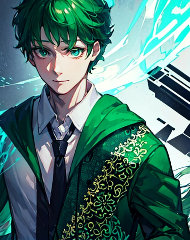 beautiful silky skin, thin smile, refreshing look, green hair, pinwheel eyes, grey school blazer over green hoodie, cinematic lighting