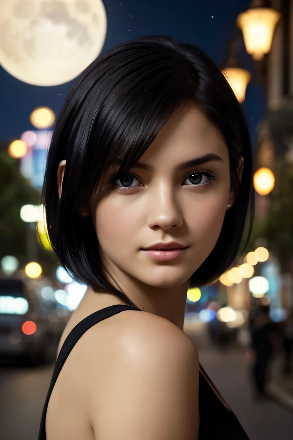 masterpiece, best quality, Miranda, (Half-length photo,Street Lights,moon),masterpiece, 1 Girl, Solo Exhibition, Beautiful woman on the busy street, Surrounded by vendors, Beautiful goddess girl portrait, Beautiful and delicate face, Porcelain skin, (((Half-length photo, center, night, Black Hair, short hair)), Super soft light, symmetry, complex, grace, High Detail, realism, Art, concept Art,
