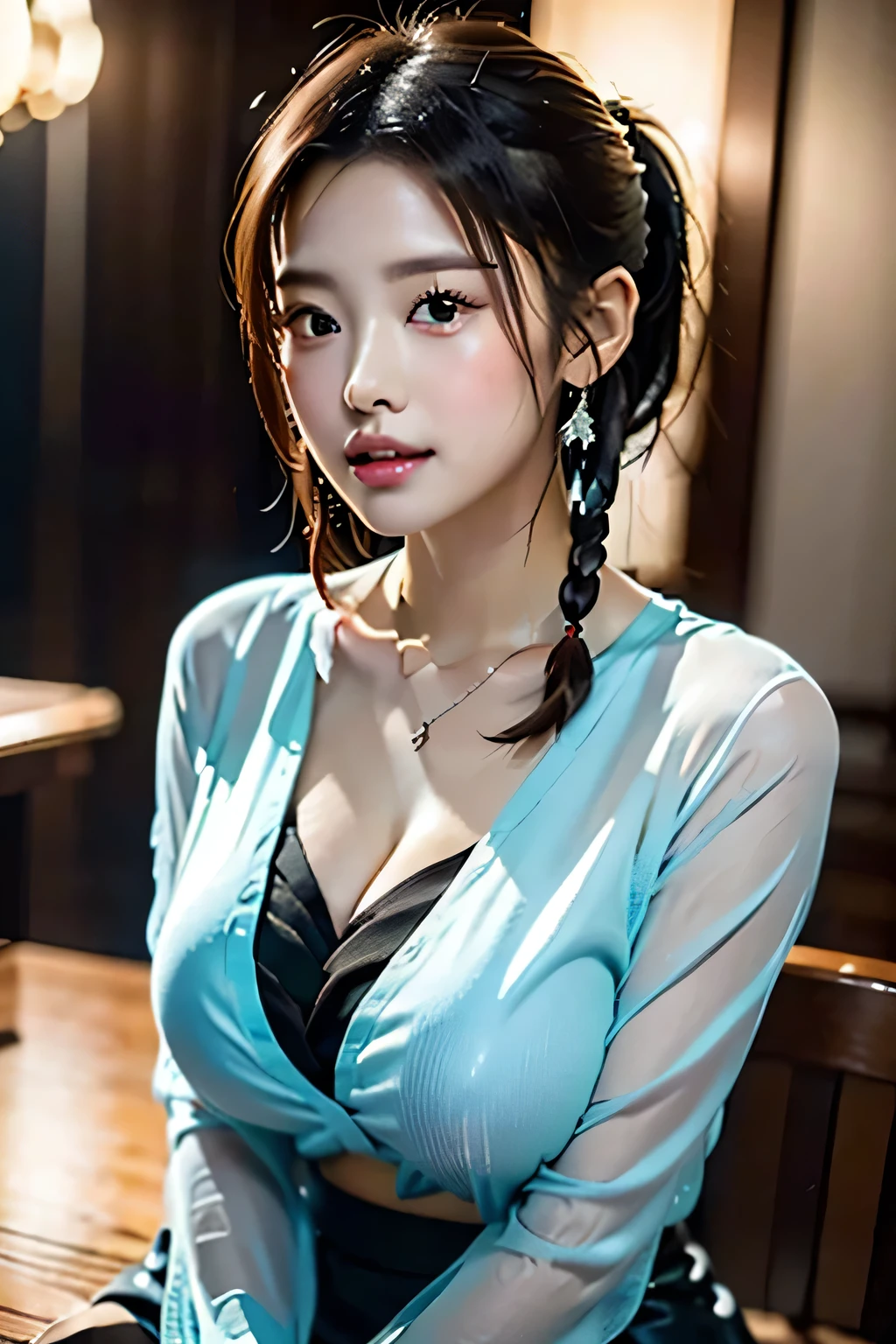 (Sexy open chest business suit:1.3),(Sexy tight skirt:1.3),,(Please fold your arms in front of you:1.3),(((Accentuate your breasts:1.3))),(Dynamic Angle),(Dynamic and sexy forward pose:1.3),(((Majestic statue))),Big ample breasts,Movement stains clothes,Chest Slip,One Girl,hairpin,necklace,Earrings,Looking up from below,Pointed red mouth,Blushing,He looks shyly at the viewer,Big ample breasts,(Shiny short hair with silver and orange stripes,Intricately braided beaded ponytail,Sweep your hair back to expose your forehead,),(Professional Lighting),(8k,Tabletop,highest quality,Ultra-high resolution output images,),(Ultra HD mode for fine detail),Written boundary depth,Beautiful Hands,Beautiful fingers,Detailed characteristics of the fingers,Detailed hair features,Detailed facial features,Detailed clothing features,(Picture Mode Ultra HD)